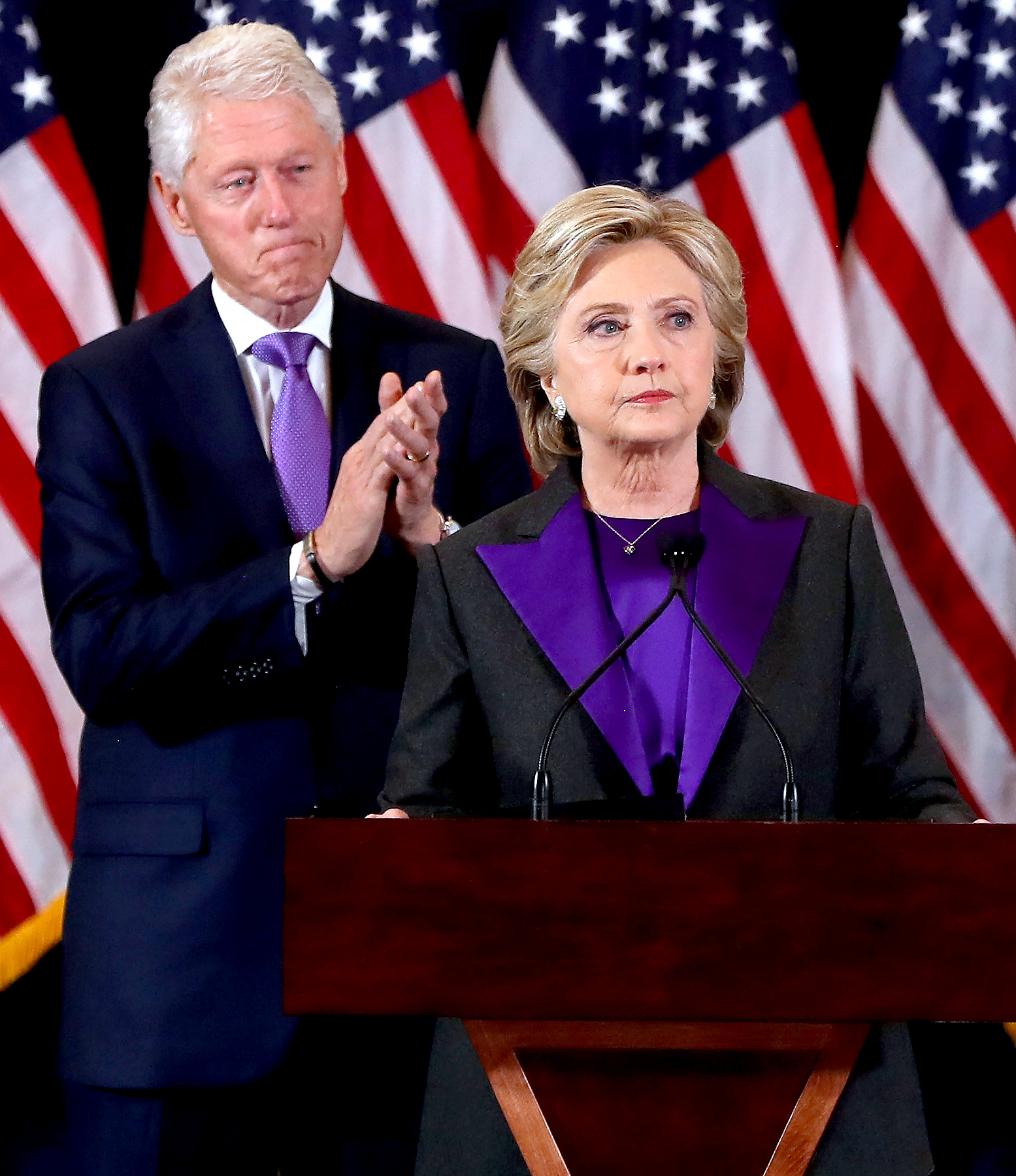 Hillary Clinton and Bill Clinton concedes the presidential election at the New Yorker Hotel on November 9, 2016 in New York City.