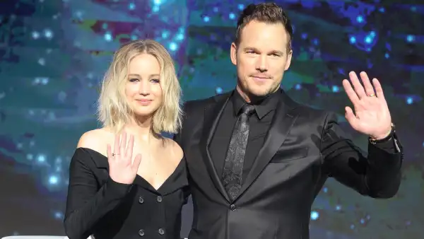 Jennifer Lawrence and Chris Pratt attend the press conference of director Morten Tyldum's film "Passengers" on December 17, 2016 in Beijing, China.