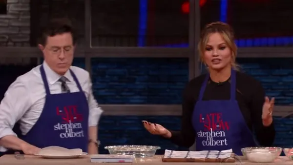Chrissy Teigen talks baby names while cooking with Stephen Colbert