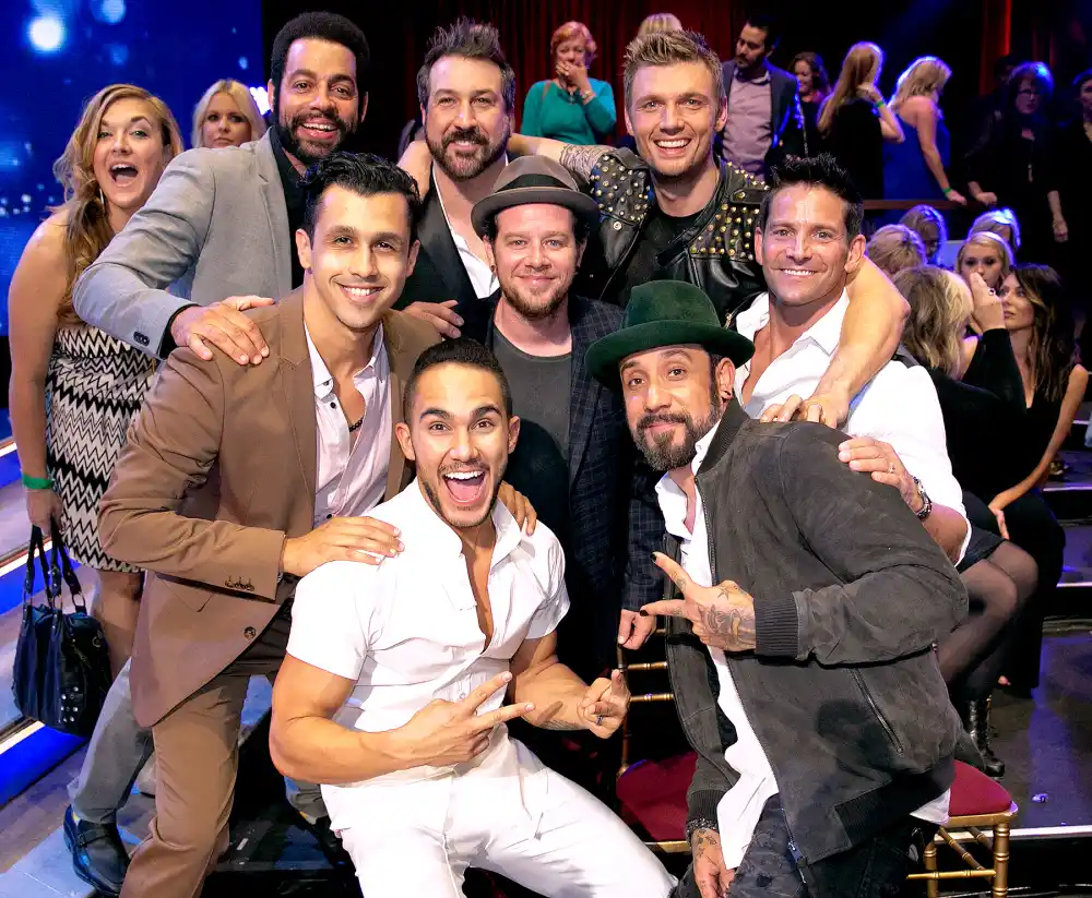(Clockwise from top left to center) Trevor Penick (O-Town), Joey Fatone ('NSync), Nick Carter (Backstreet Boys), Jeff Timmons (98 Degrees), A.J. McLean (Backstreet Boys), Carlos Penavega (Big Time Rush), Erik-Michael Estrada (O-Town), Jacob Underwood (O-Town)