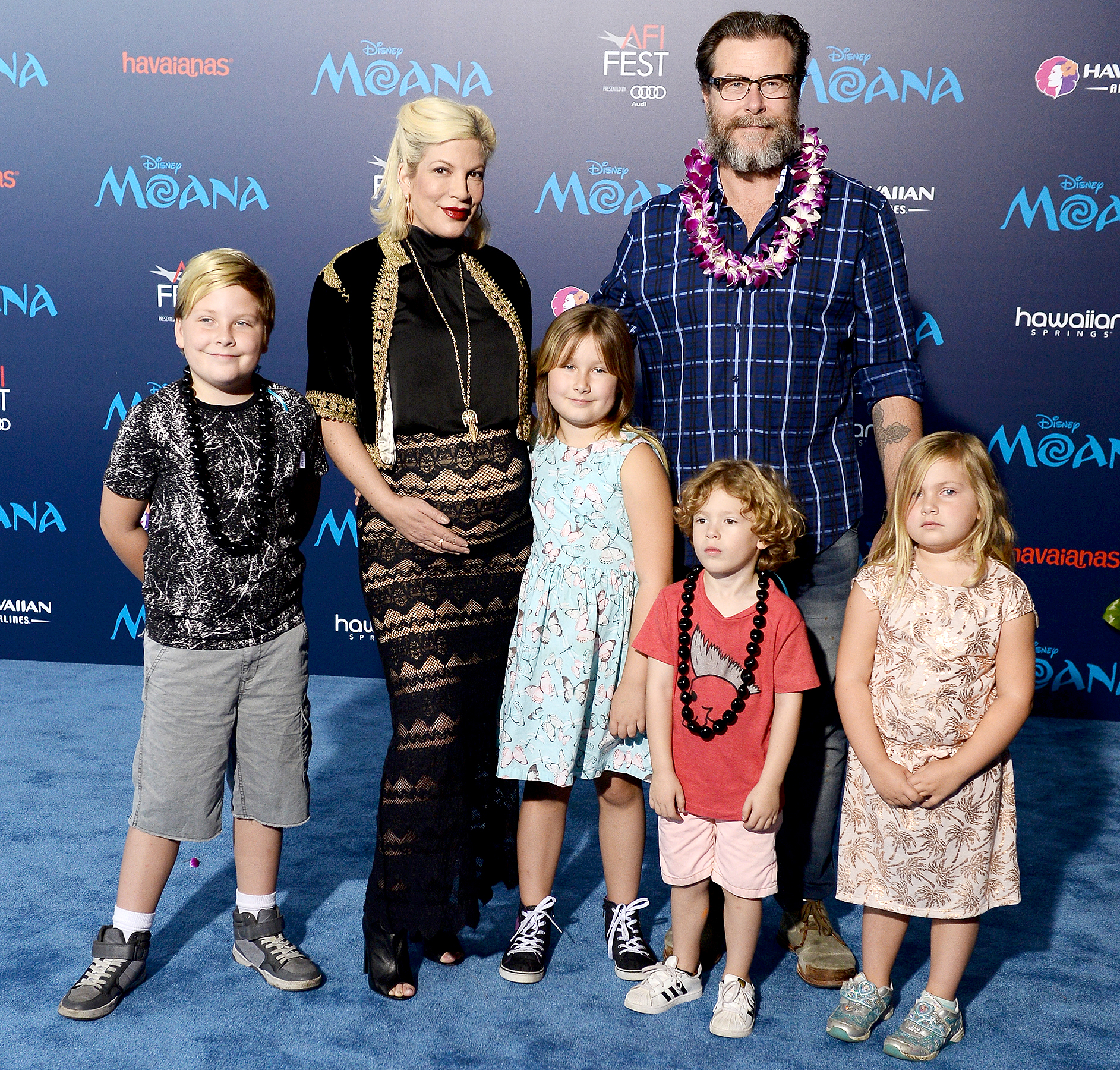 Liam McDermott, actress Tori Spelling, Stella McDermott, actor Dean McDermott, Finn McDermott and Hattie McDermott arrive at the AFI FEST 2016 Presented By Audi premiere of Disney's "Moana" at the El Capitan Theatre on November 14, 2016 in Hollywood, California.