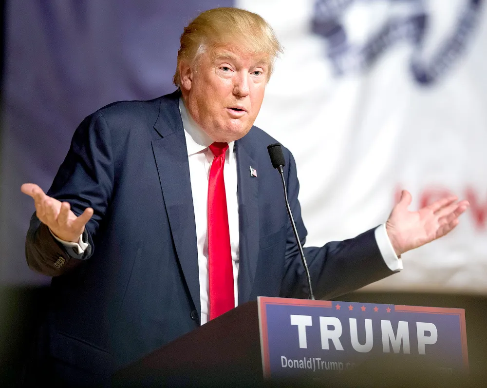 Donald Trump speaks to guests at a campaign rally at Burlington Memorial Auditorium on Oct. 21, 2015, in Burlington, Iowa.