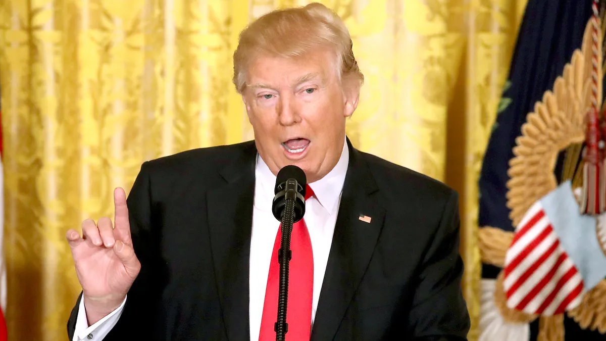 Donald Trump speaks during a news conference announcing Alexander Acosta as the new Labor Secretary nominee in the East Room at the White House on February 16, 2017 in Washington, DC.