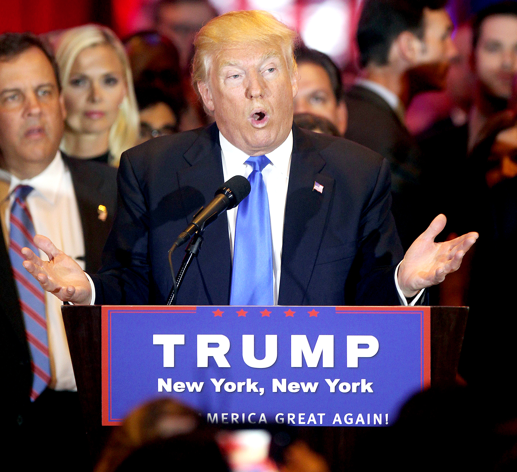 Donald Trump speaks at a press conference with his wife Melania Trump and Governor Chris Christie to announce his primary victory in 5 states on April 26, 2016 in NYC.