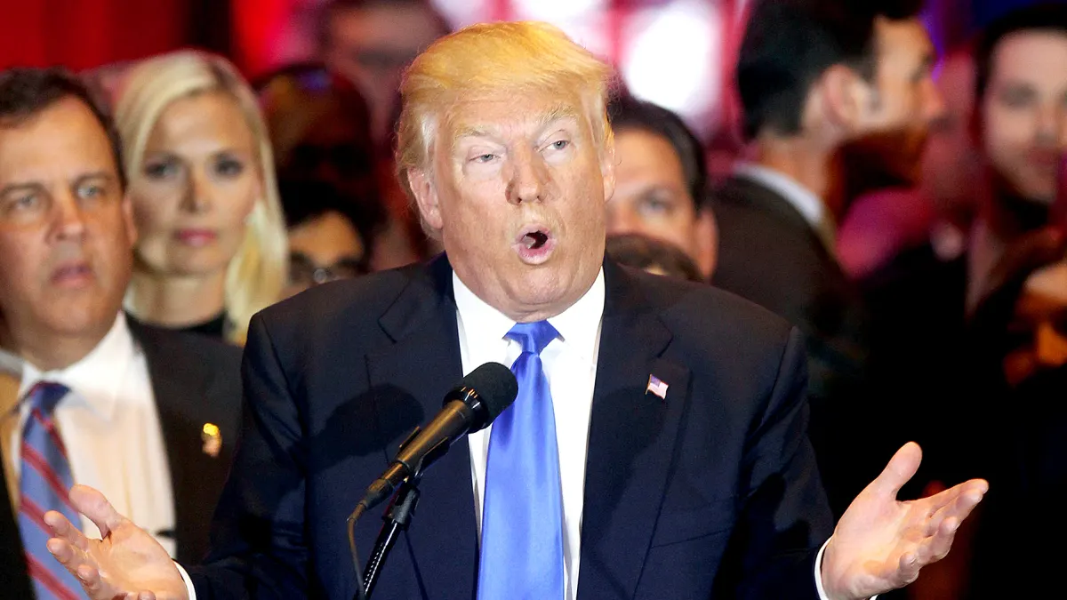 Donald Trump speaks at a press conference with his wife Melania Trump and Governor Chris Christie to announce his primary victory in 5 states on April 26, 2016 in NYC.