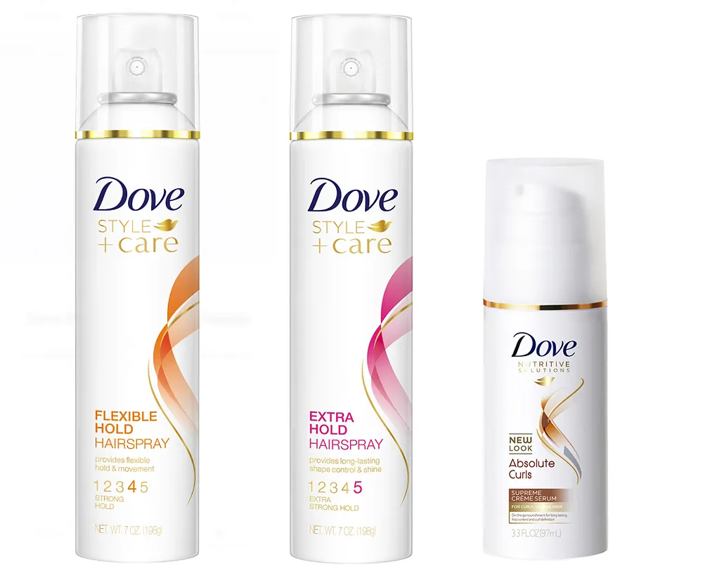 Dove Style+Care Flexible Hold Hairspray, Dove Style+Care Extra Hold Hairspray, and Dove Absolute Curls Supreme Cr&egrave;me Serum