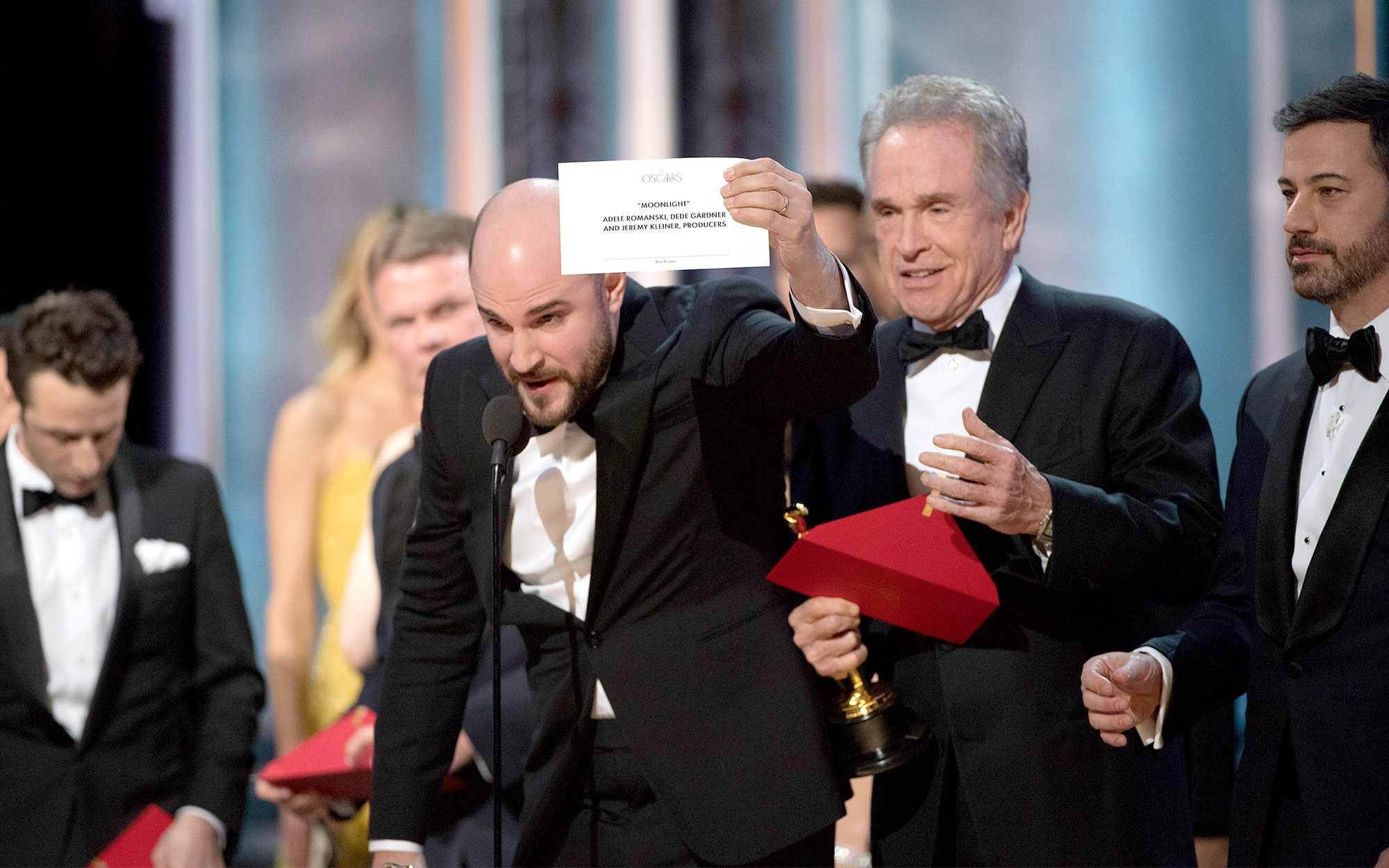 Jordan Horowitz, Warren Beatty and Jimmy Kimmel on stage.