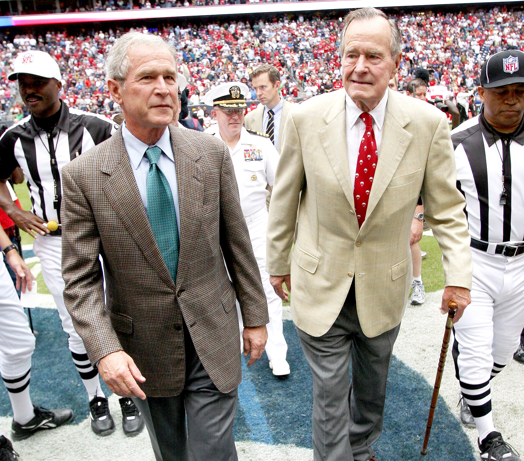 Former U.S. Presidents George W. Bush and George H.W. Bush at the San Francisco 49ers and Houston Texans game at Reliant Stadium in Houston on October 25, 2009.