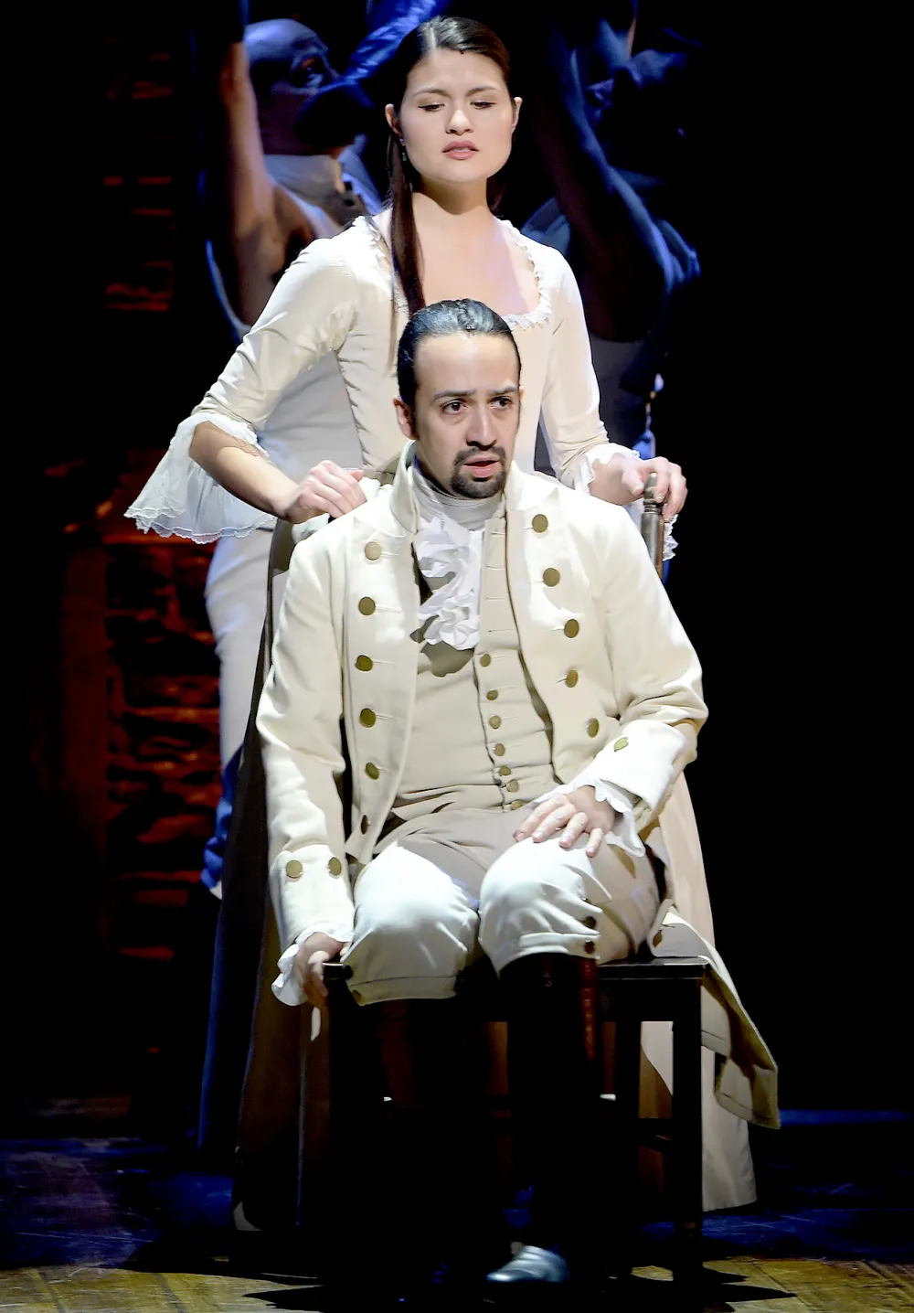 Lin-Manuel Miranda and actress Phillipa Soo perform on stage during