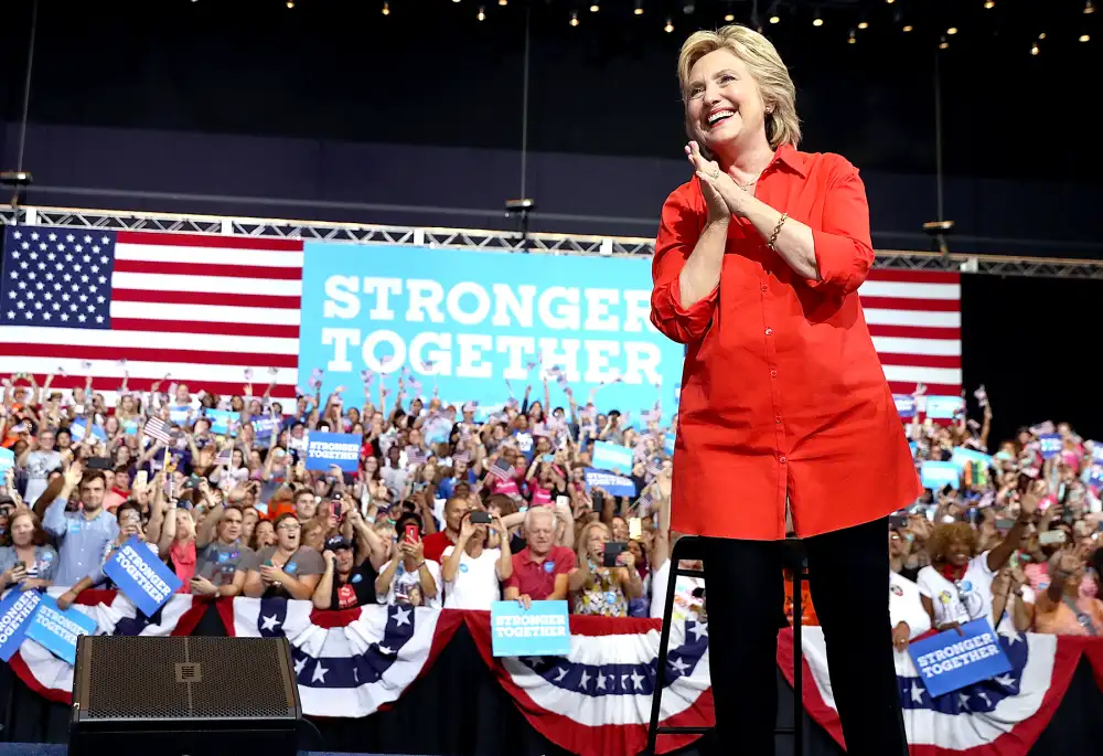 Democratic presidential nominee, former Secretary of State Hillary Clinton, greets supporters during a campaign rally with Democratic vice presidential nominee U.S. Sen. Tim Kaine of Virginia at the David L. Lawrence Convention Center on July 30, 2016, in Pittsburgh.
