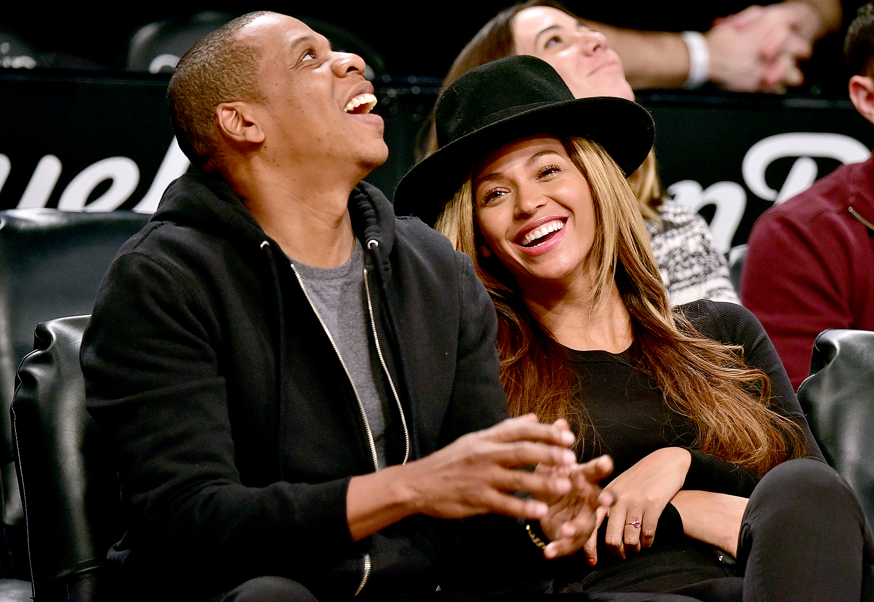 Jay-Z and Beyonce Knowles attend the Houston Rockets vs Brooklyn Nets game at Barclays Center on January 12, 2015 in New York City.