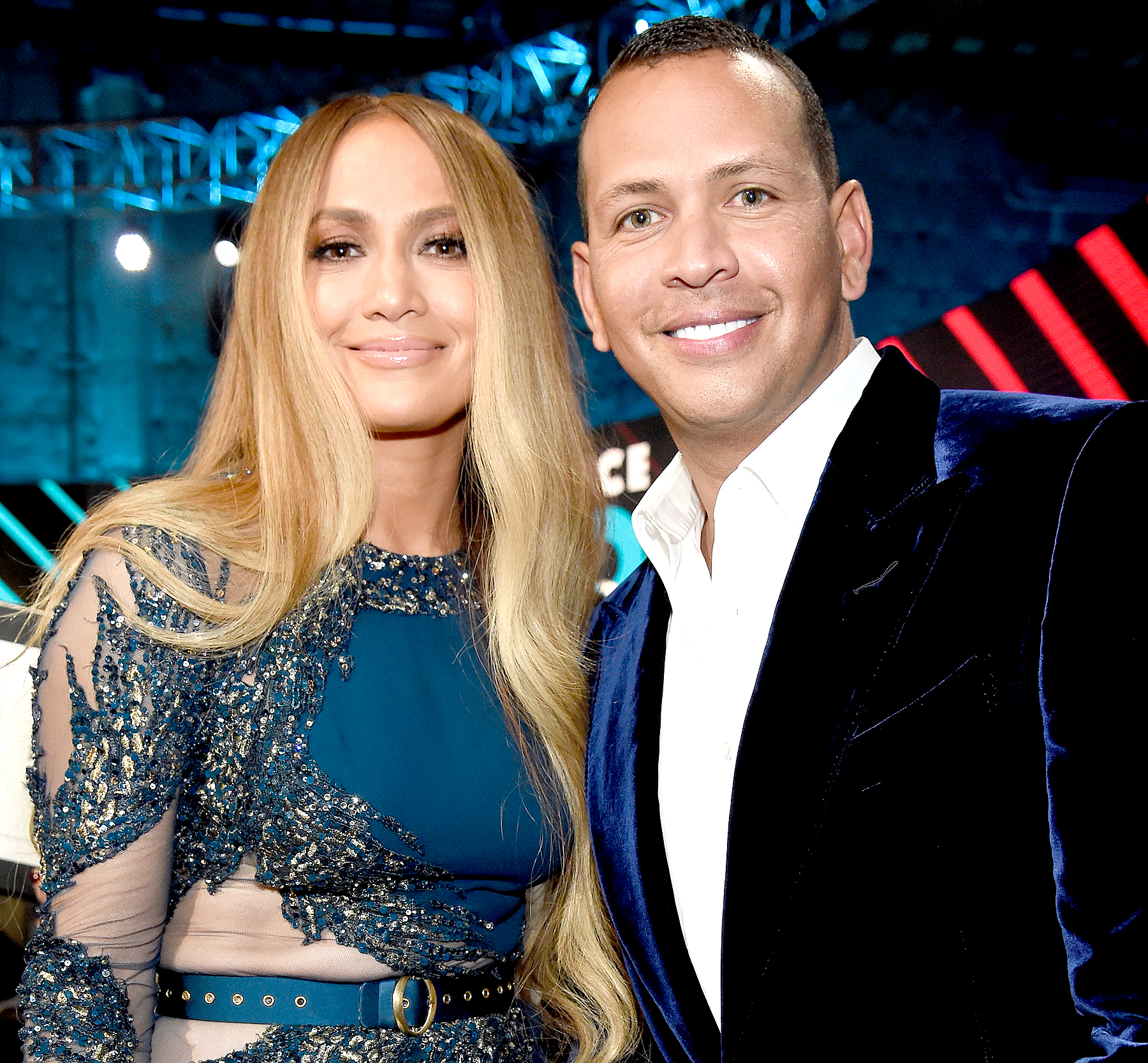 Jennifer Lopez and Alex Rodriguez pose onstage during "One Voice: Somos Live! A Concert For Disaster Relief" at the Universal Studios Lot on October 14, 2017 in Los Angeles, California.