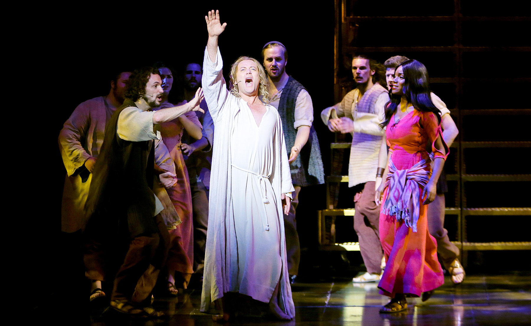 Group performance with main actor Glenn Carter (Center) and Rachel Adedeji during a rehearsal for the Jesus Christ Superstar Musical Press Call at Deutsche Oper Berlin on July 28, 2015 in Berlin, Germany.