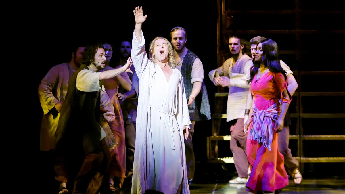 Group performance with main actor Glenn Carter (Center) and Rachel Adedeji during a rehearsal for the Jesus Christ Superstar Musical Press Call at Deutsche Oper Berlin on July 28, 2015 in Berlin, Germany.