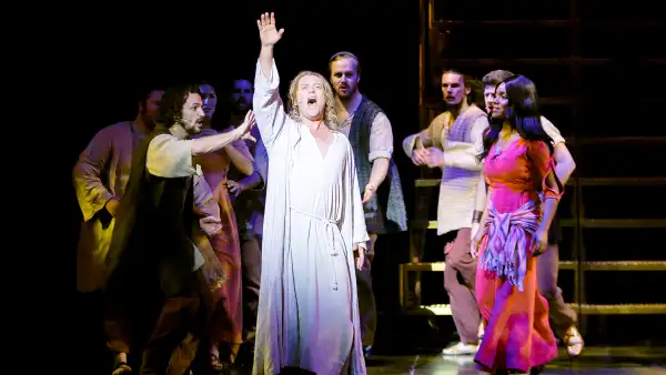 Group performance with main actor Glenn Carter (Center) and Rachel Adedeji during a rehearsal for the Jesus Christ Superstar Musical Press Call at Deutsche Oper Berlin on July 28, 2015 in Berlin, Germany.