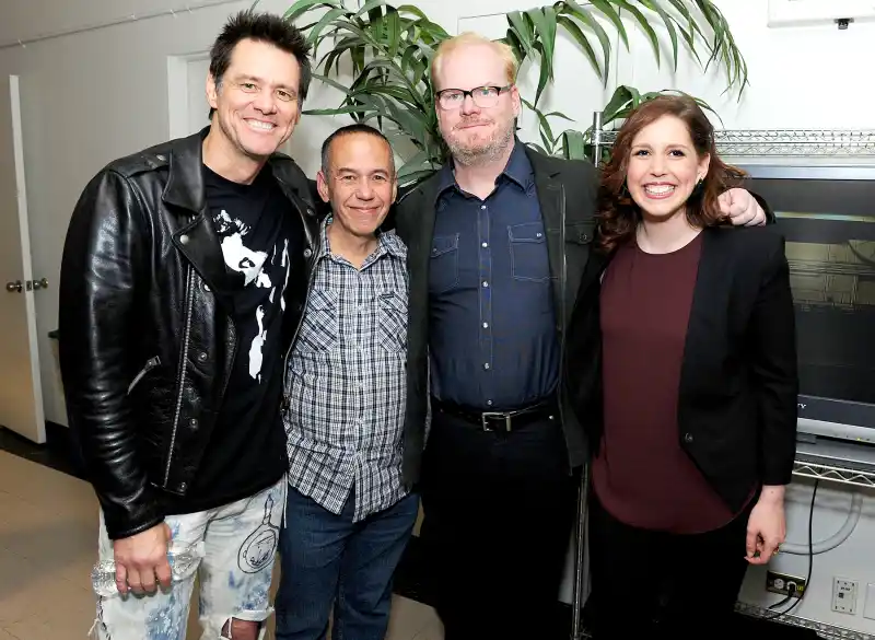 Jim Carrey with Gilbert Gottfried, Jim Gaffigan and Vanessa Bayer (from left) in NYC.