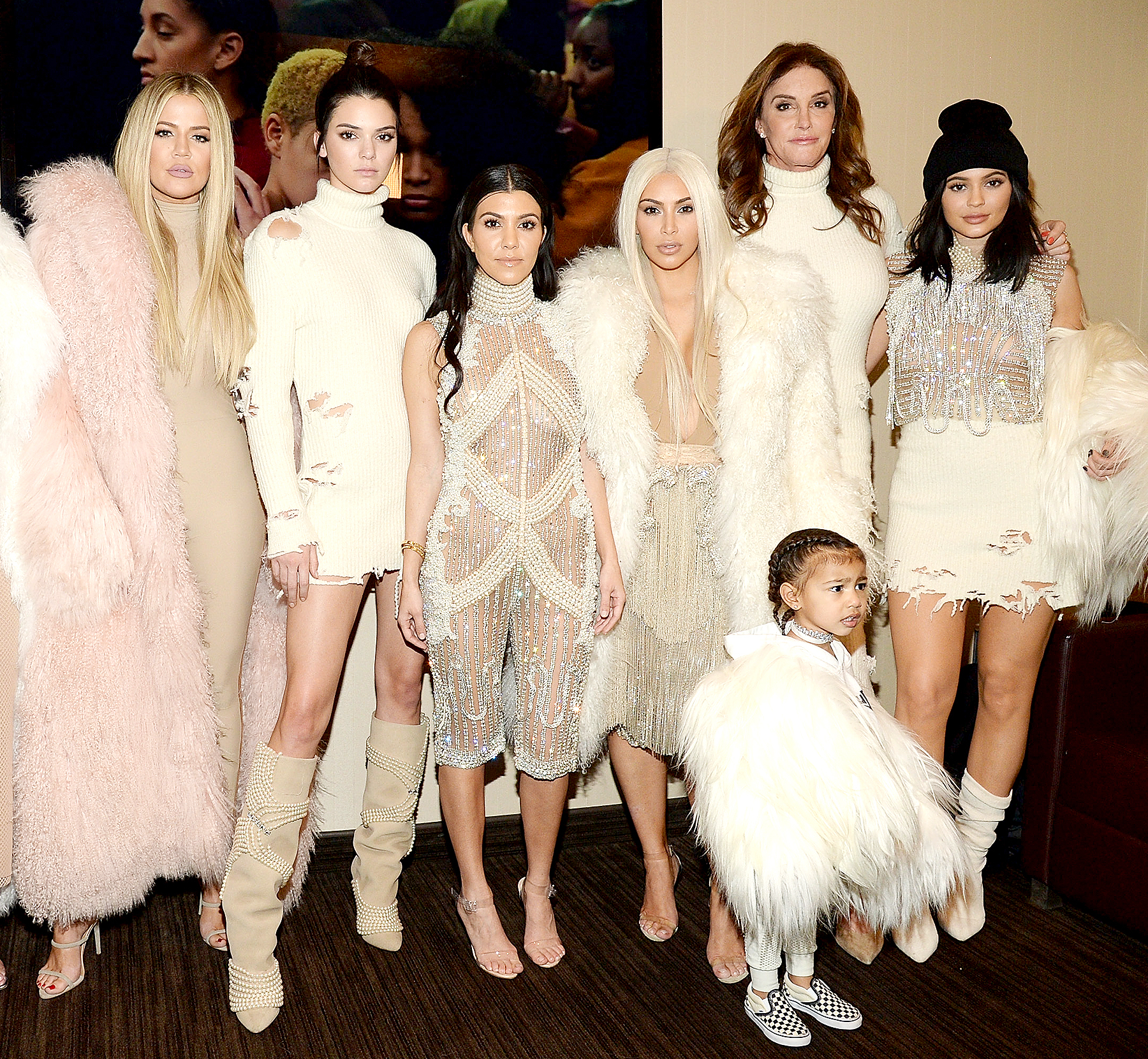 Khloe Kardashian, Kris Jenner, Kendall Jenner, Kourtney Kardashian, Kim Kardashian West, Caitlyn Jenner and Kylie Jenner attend Kanye West Yeezy Season 3 at Madison Square Garden on February 11, 2016 in New York City.