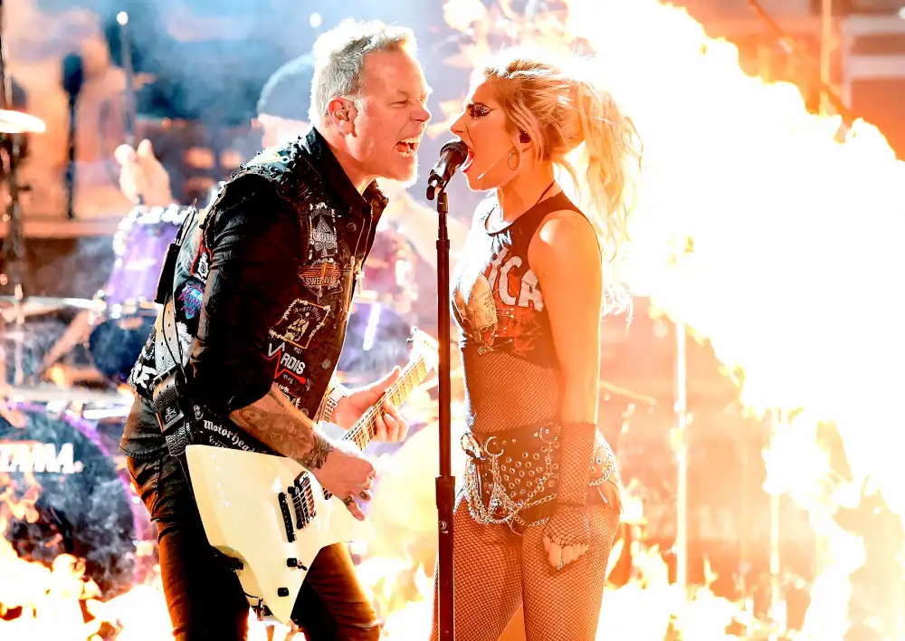 James Hetfield (L) of music group Metallica and Lady Gaga perform onstage during The 59th GRAMMY Awards at STAPLES Center on February 12, 2017 in Los Angeles, California.