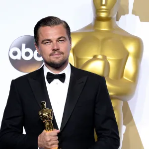 Leonardo DiCaprio poses in the press room backstage at the Oscars 2016 in Los Angeles