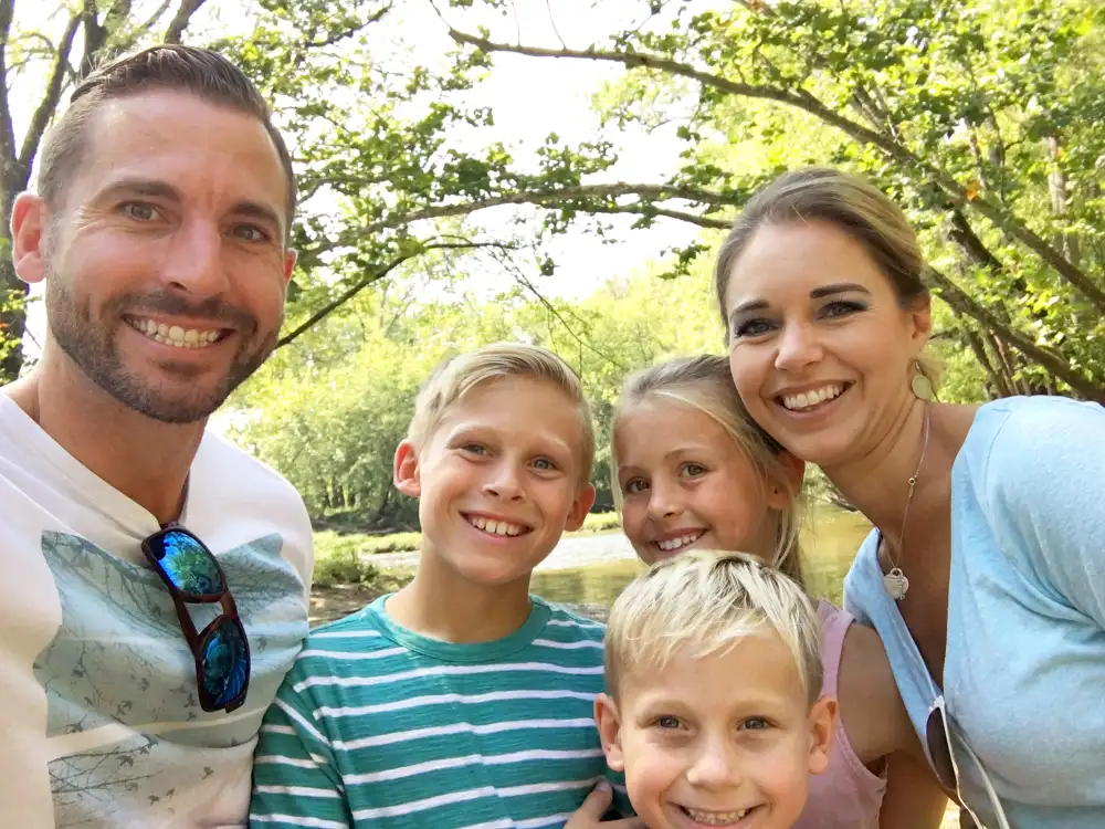 Luke Newton, Kara Lewis Newton, Silas, Lila and Jack.
