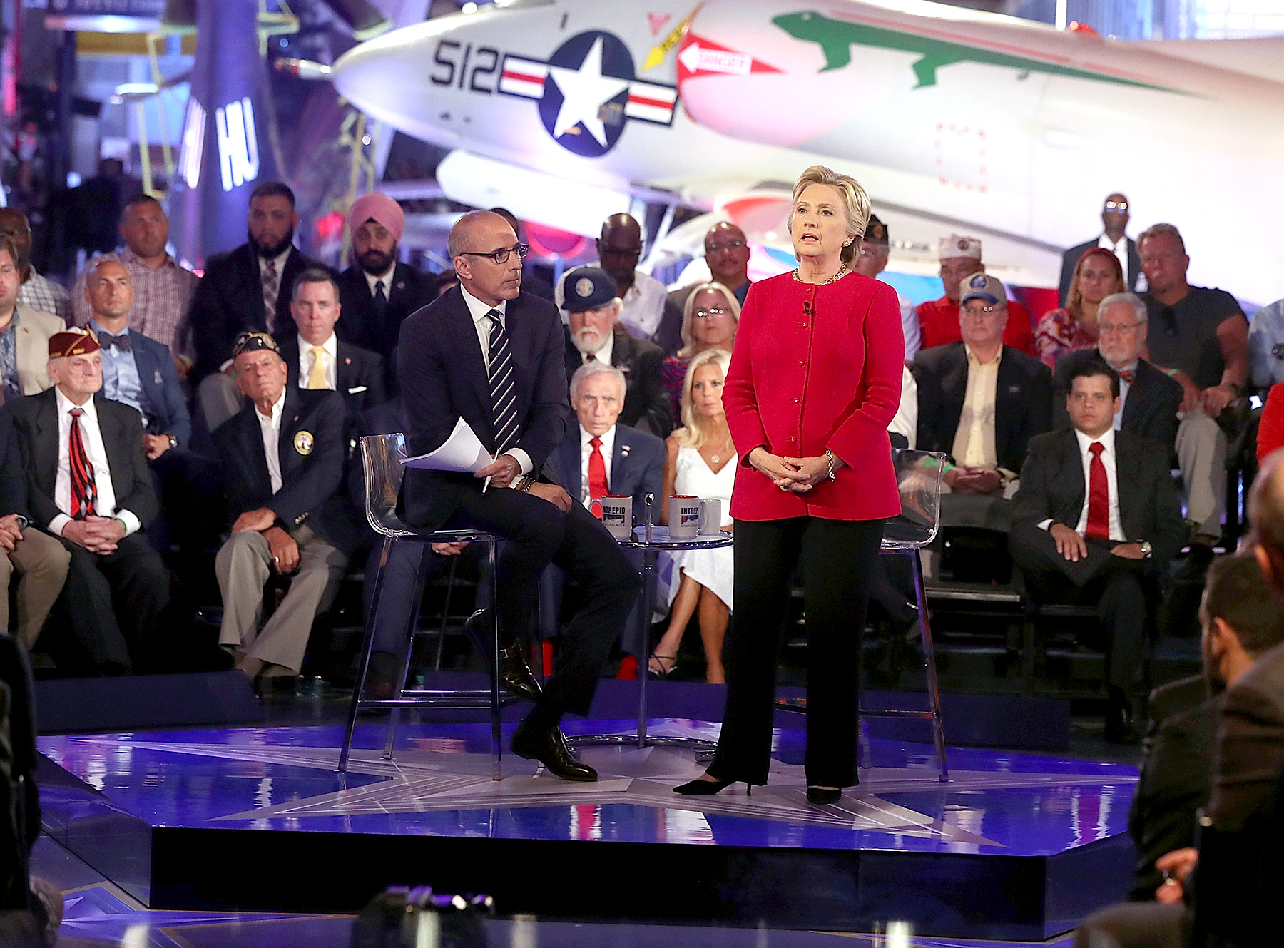 Matt Lauer looks on as Democratic presidential nominee Hillary Clinton speaks during the NBC News Commander-in-Chief Forum on Sept. 7, 2016, in New York City.