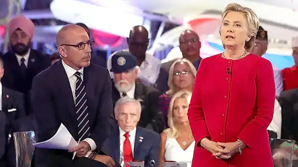 Matt Lauer looks on as Democratic presidential nominee Hillary Clinton speaks during the NBC News Commander-in-Chief Forum on Sept. 7, 2016, in New York City.
