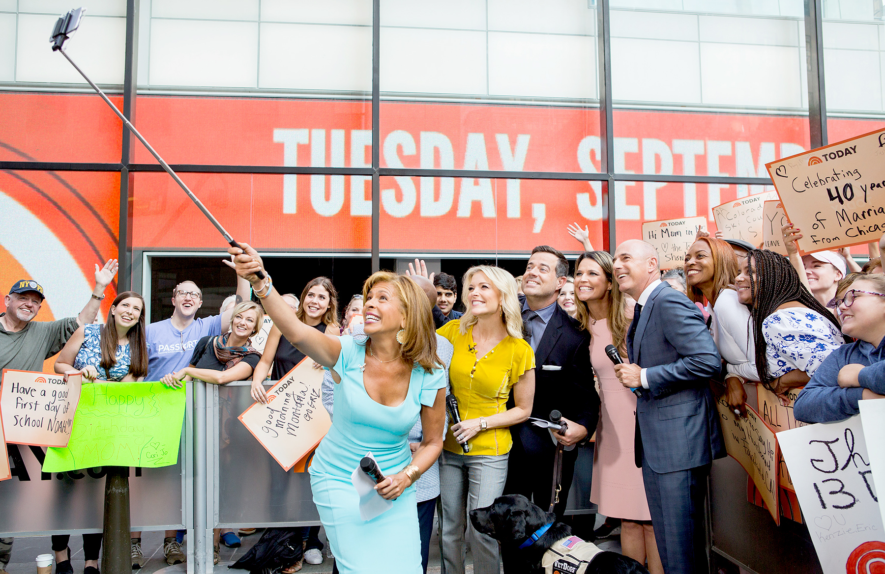Hoda Kotb, Megyn Kelly, Carson Daly, Savannah Guthrie and Matt Lauer on 'Today' on September 5, 2017.