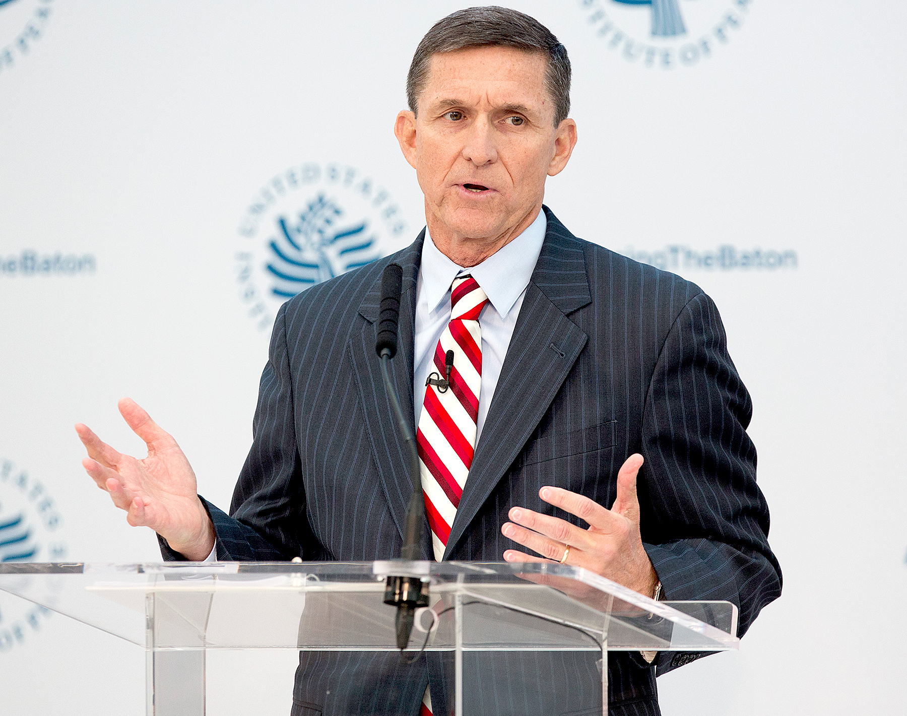 Michael Flynn speaks during a conference on the transition of the US Presidency from Barack Obama to Donald Trump at the US Institute Of Peace in Washington DC, January 10, 2017. CHRIS KLEPONIS/AFP/Getty Images