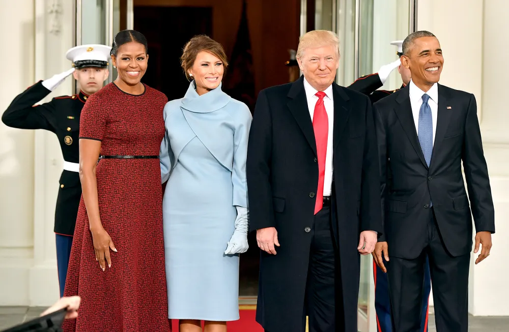 U.S. President Barack Obama, from right, U.S. President-elect Donald Trump, U.S. First Lady-elect Melania Trump, and U.S. First Lady Michelle Obama stand for a photograph outside of the White House ahead of the 58th presidential inauguration in Washington, D.C., U.S., on Friday, Jan. 20, 2017.