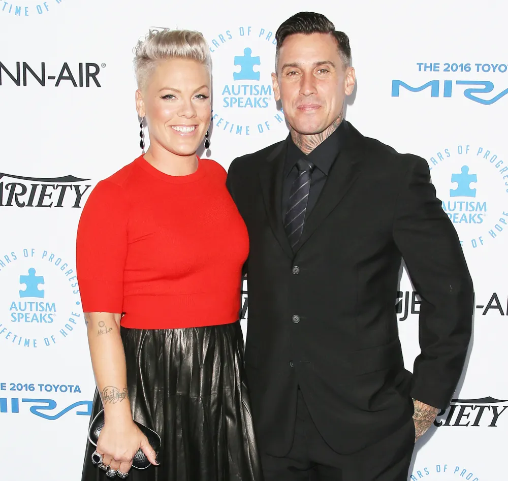 Pink and Carey Hart attend the Autism Speaks to Los Angeles celebrity chef gala held at the Barker Hangar on October 8, 2015 in Santa Monica, California.