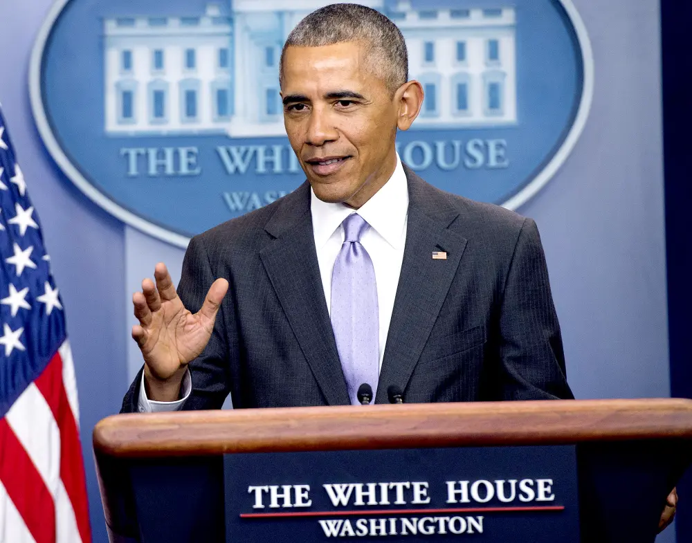 US President Barack Obama speaks during a surprise appearance at White House Press Secretary Josh Earnest's last daily press briefing of the Obama administration in the Brady Press Briefing Room at the White House in Washington, DC, January 17, 2017.