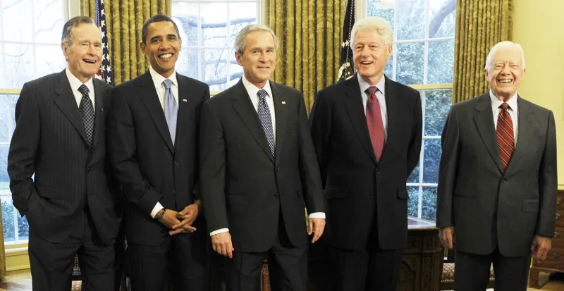 George H.W. Bush, President Barack Obama, and George W. Bush, William J. Clinton and Jimmy Carter, Five presidents meet in the Oval Office at the White House in Washington, D.C., Wednesday, January 7, 2009. 