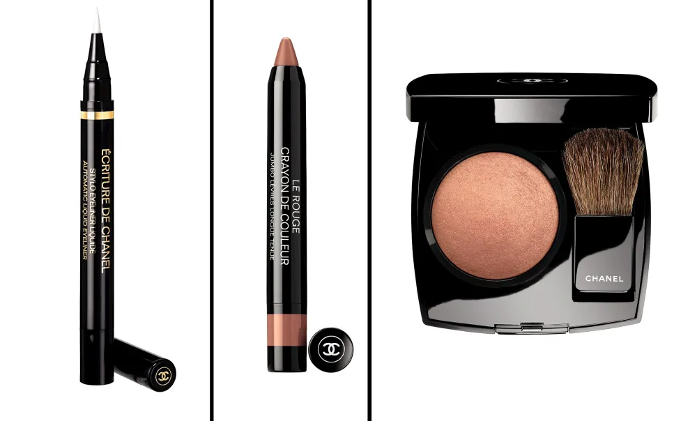 Ecriture De Chanel Automatic Liquid Liner, Jumbo Longwear Lip Crayon in Nude, Joues Contraste Powder Blush in Elegance