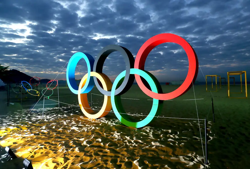 The Olympic Rings are displayed at the Copacabana beach ahead of the Rio 2016 Olympic Games on August 2, 2016 in Rio de Janeiro, Brazil.