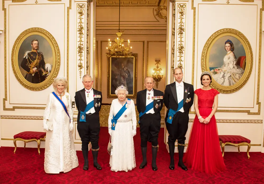 Camilla, Duchess of Cornwall, Prince Charles, Prince of Wales, Queen Elizabeth II, Prince Philip, Duke of Edinburgh, Prince William, Duke of Cambridge and Catherine, Duchess of Cambridge
