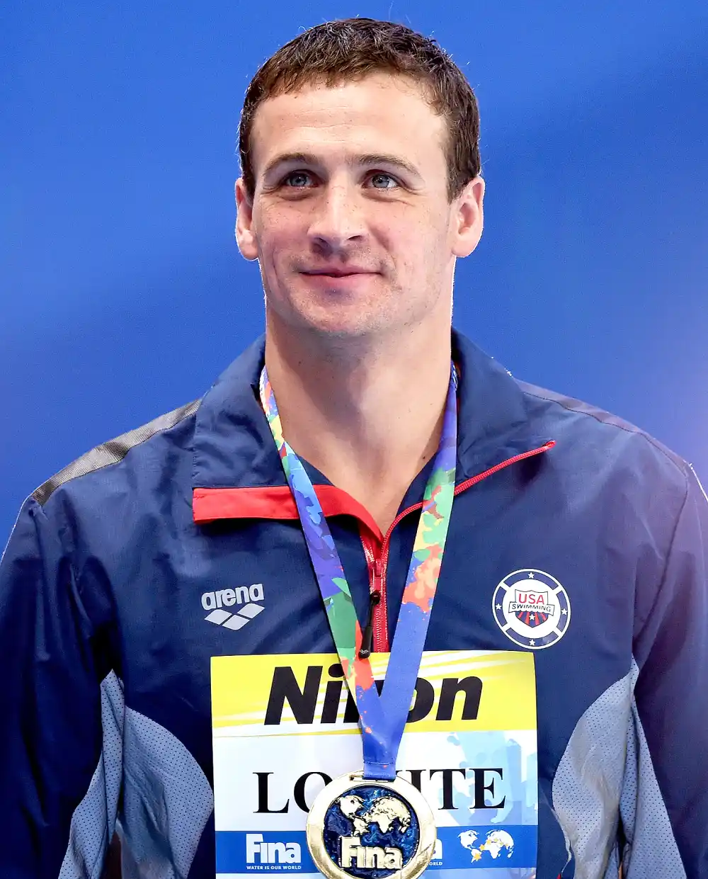 Ryan Lochte of the United States poses during the medal ceremony for the Men's 200m Individual Medley Final on day thirteen of the 16th FINA World Championships at the Kazan Arena on August 6, 2015 in Kazan, Russia.