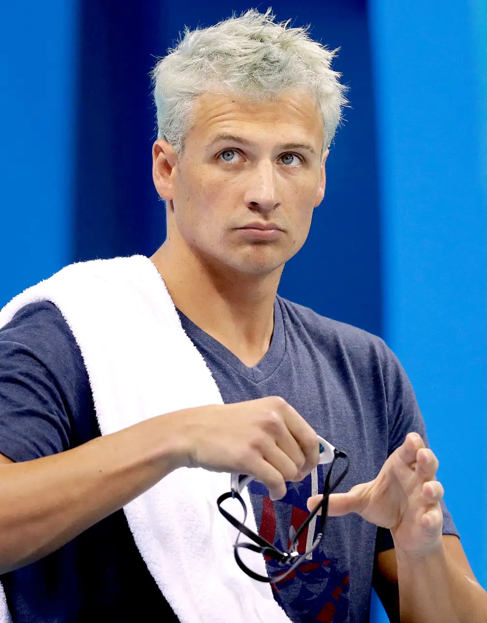 Ryan Lochte prepares before a men&rsquo;s 4 x 200&ndash;meter freestyle heat during the swimming competition at the 2016 Summer Olympics, Tuesday, Aug. 9, 2016.