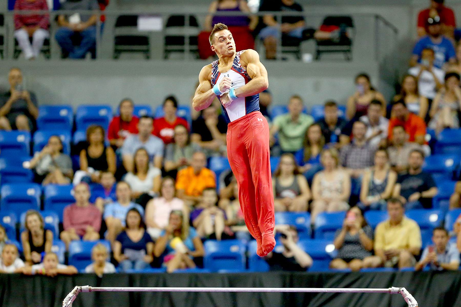 Sam Mikulak competes on the high bar during day two of the 2016 Men's Gymnastics Olympic Trials at Chafitz Arena on June 25, 2016 in St. Louis, Missouri.
