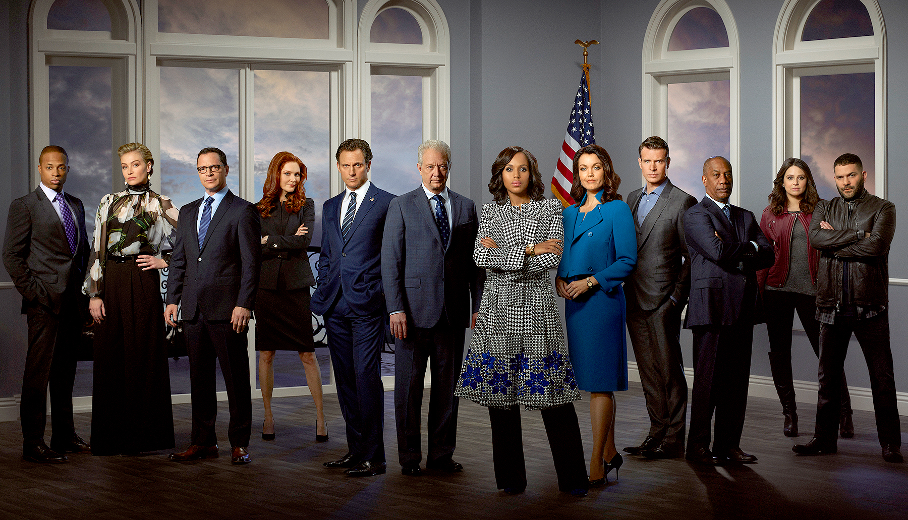 ABC's Scandal stars Cornelius Smith Jr as Marcus Walker, Portia de Rossi as Elizabeth North, Joshua Malina as David Rosen, Darby Stanchfield as Abby Whelan, Tony Goldwyn as President Fitzgerald Grant, Jeff Perry as Cyrus Beene, Kerry Washington as Olivia Pope, Bellamy Young as Mellie Grant, Scott Foley as Jake Ballard, Joe Morton as Rowan Pope, Katie Lowes as Quinn Perkins and Guillermo Diaz as Huck.