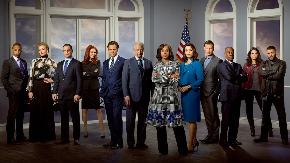 ABC's Scandal stars Cornelius Smith Jr as Marcus Walker, Portia de Rossi as Elizabeth North, Joshua Malina as David Rosen, Darby Stanchfield as Abby Whelan, Tony Goldwyn as President Fitzgerald Grant, Jeff Perry as Cyrus Beene, Kerry Washington as Olivia Pope, Bellamy Young as Mellie Grant, Scott Foley as Jake Ballard, Joe Morton as Rowan Pope, Katie Lowes as Quinn Perkins and Guillermo Diaz as Huck.