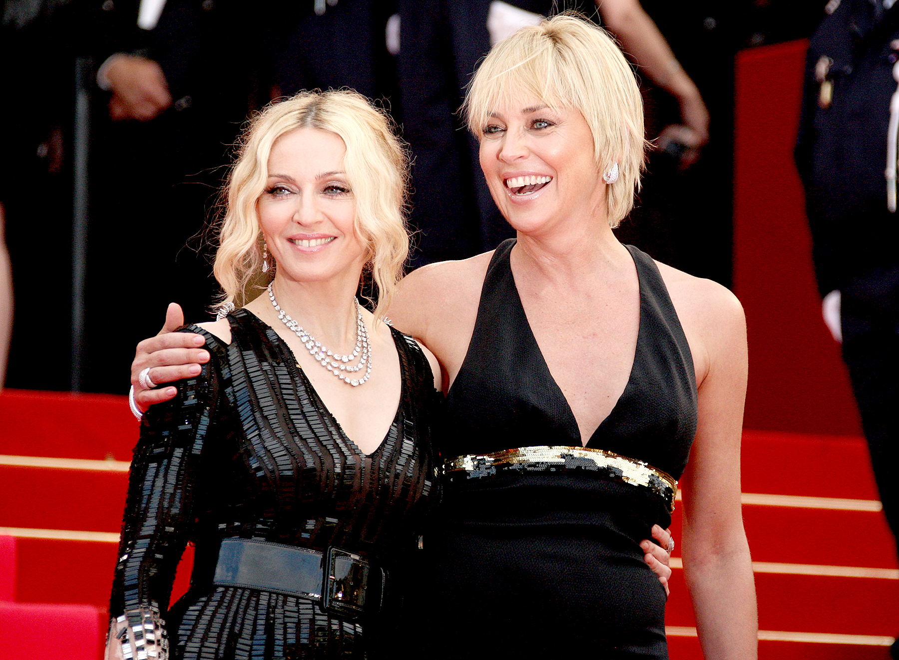 Madonna and Sharon Stone attend the "I Am Because We Are" premiere at the Palais des Festivals during the 61st International Cannes Film Festival on May 21, 2008 in Cannes, France.