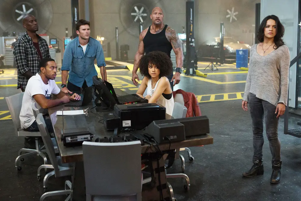 TYRESE GIBSON, CHRIS &ldquo;LUDACRIS&rdquo; BRIDGES, SCOTT EASTWOOD, DWAYNE JOHNSON, NATHALIE EMMANUEL and MICHELLE RODRIGUEZ The Fate of The Furious