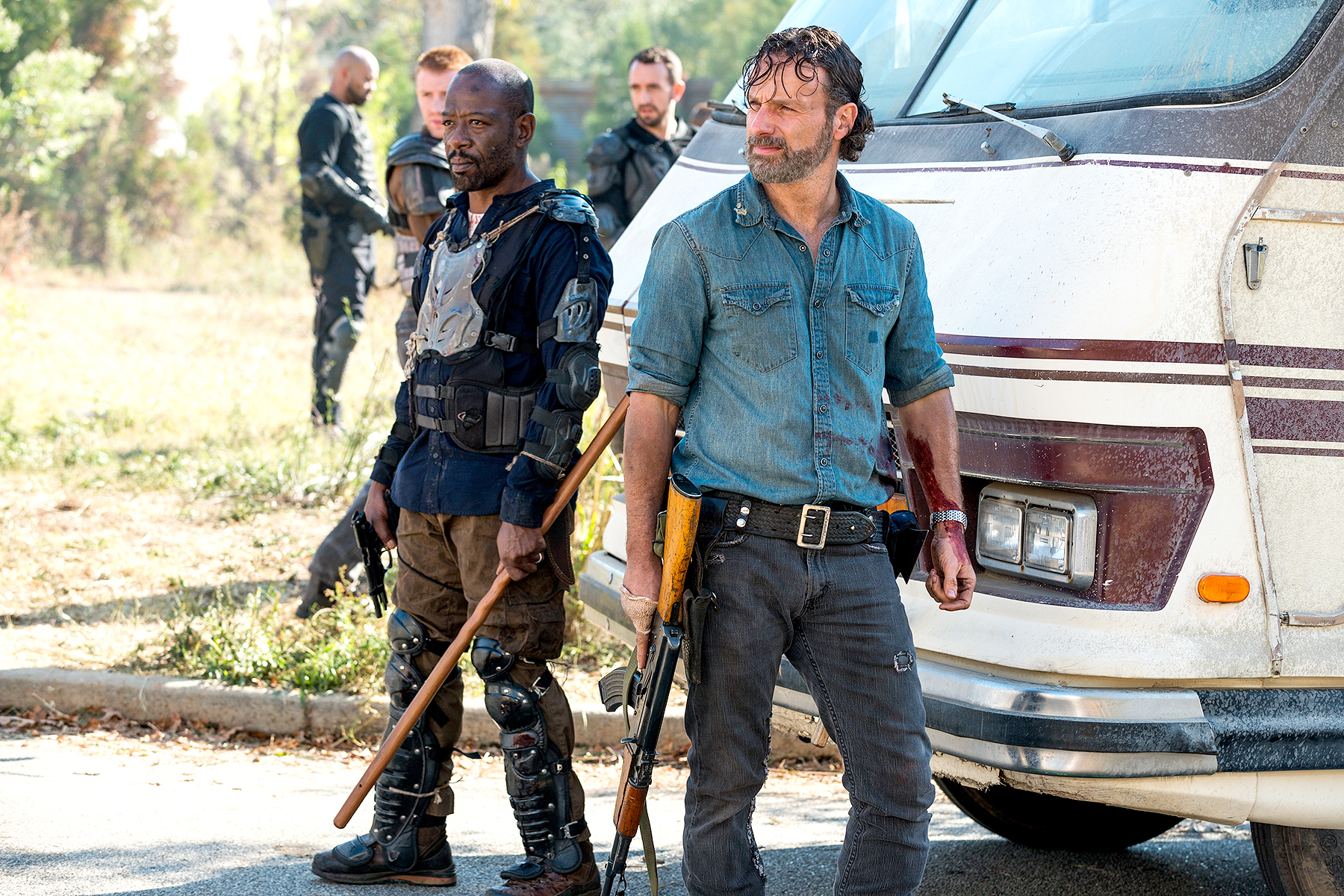 Lennie James as Morgan Jones and Andrew Lincoln as Rick Grimes on The Walking Dead.