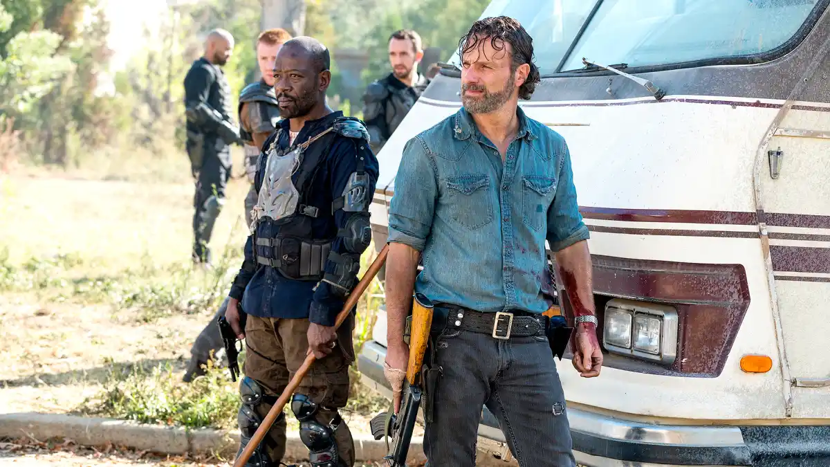 Lennie James as Morgan Jones and Andrew Lincoln as Rick Grimes on The Walking Dead.