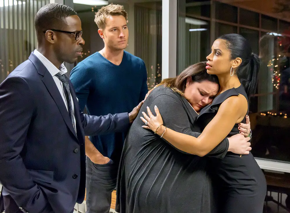 Sterling K. Brown as Randall, Justin Hartley as Kevin, Chrissy Metz as Kate, and Susan Kelechi Watson as Beth on This Is Us.