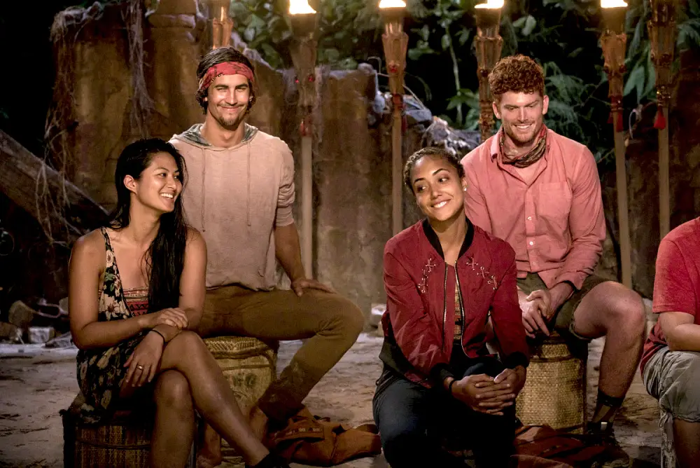 Simone Nguyen, Devon Pinto, Ali Elliott, and Patrick Bolton at Tribal Council on the second episode of SURVIVOR 35.