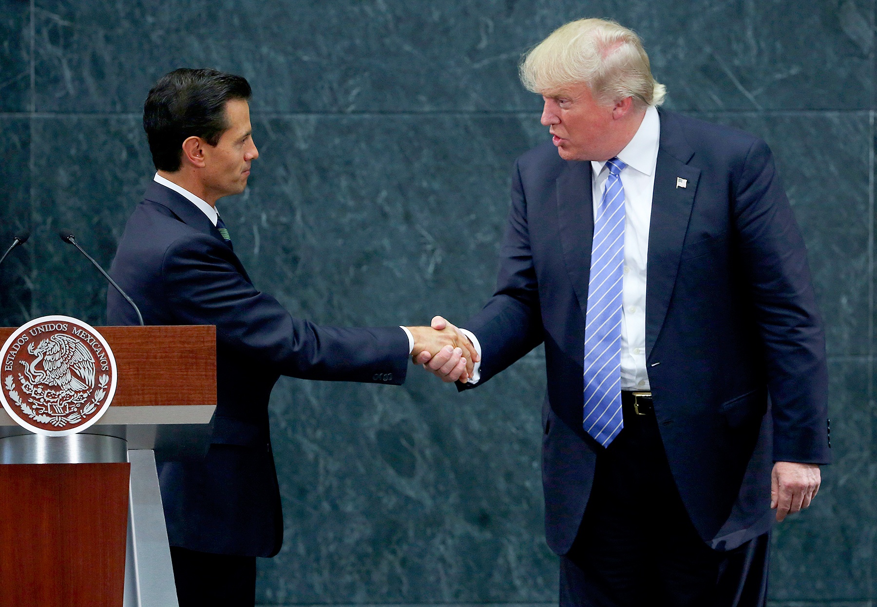 Mexican President Enrique Peña Nieto greets Donald Trump during a meeting at Los Pinos in Mexico City, Mexico, on August 31, 2016.