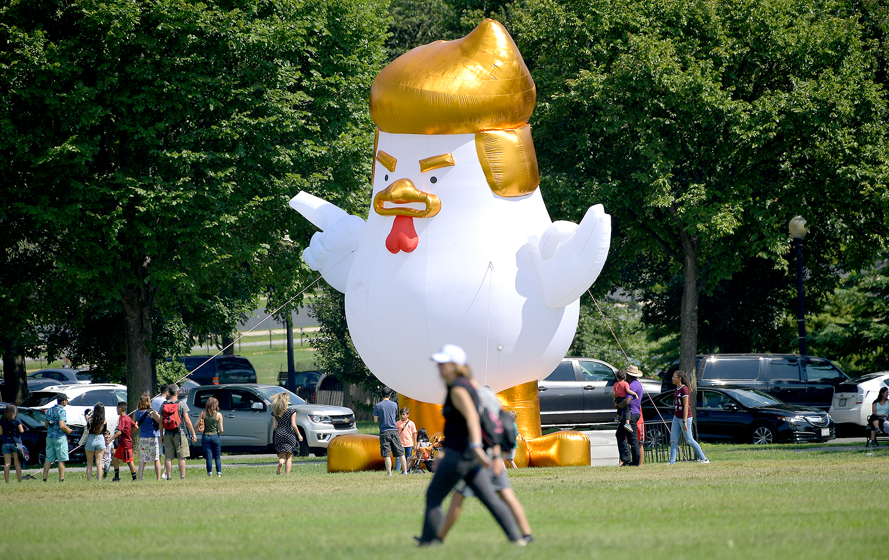 An inflatable chicken mimicking President Donald Trump is set up on the Ellipse in Washington, D.C., on August 9, 2017.