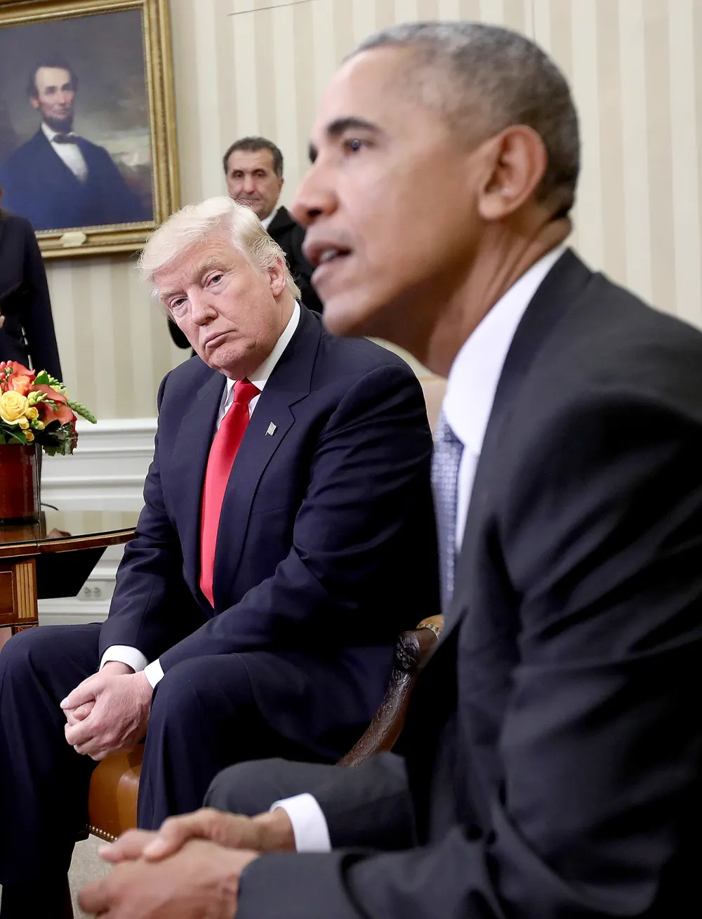 President-elect Donald Trump (L) listens as U.S. President Barack Obama speaks during a meeting in the Oval Office November 10, 2016 in Washington, DC. Trump is scheduled to meet with members of the Republican leadership in Congress later today on Capitol Hill.