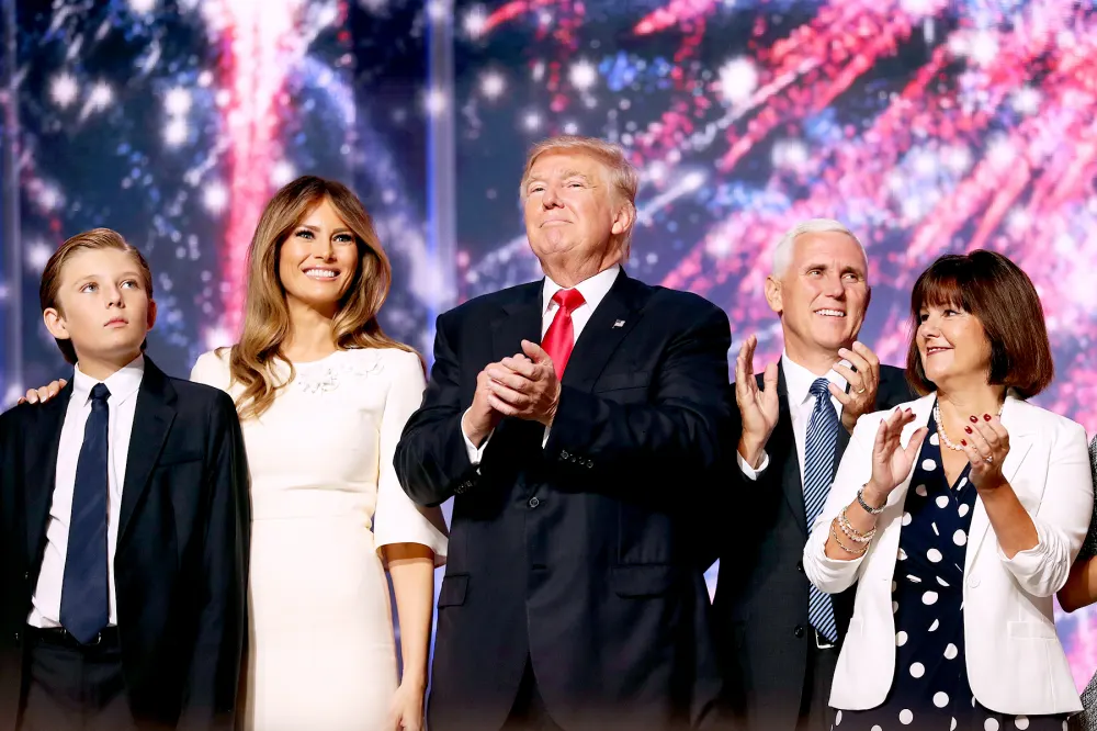 Barron Trump, Melania Trump, Republican presidential candidate Donald Trump, Republican vice presidential candidate Mike Pence and Karen Pence acknowledge the crowd at the end of the the Republican National Convention on July 21, 2016 at the Quicken Loans Arena in Cleveland, Ohio.